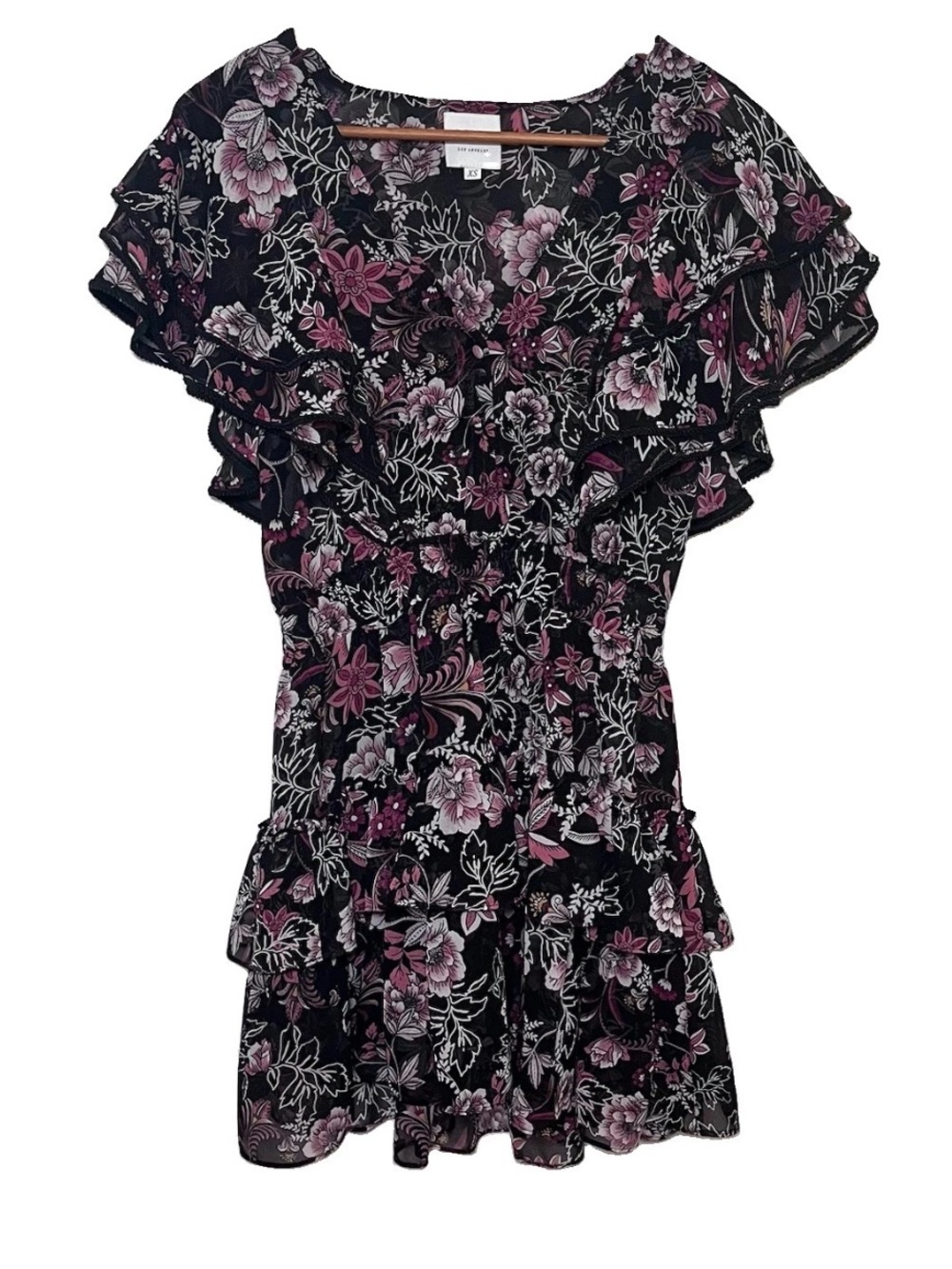 Misa Gallie Dress Size XS Black Floral Mini Chiffon Ruffles